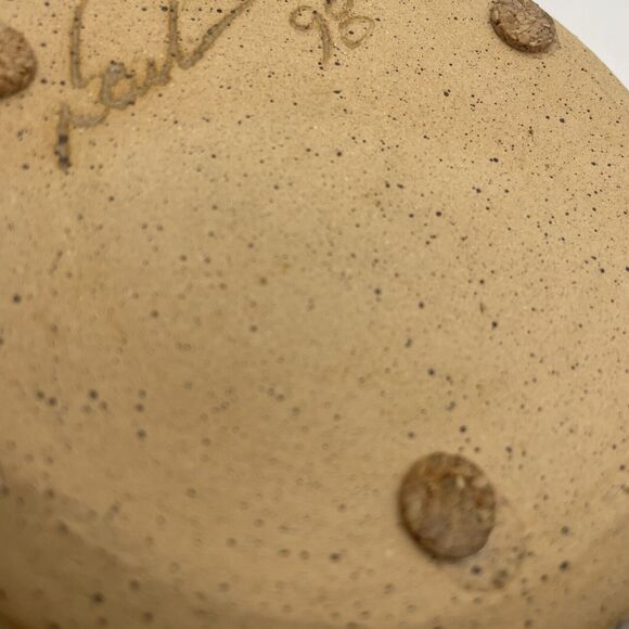 Greg Neal Studio Art Pottery Handmade Stem Dish Bowl Tan Blue Brown 1998 Vintage - Picture 4 of 4